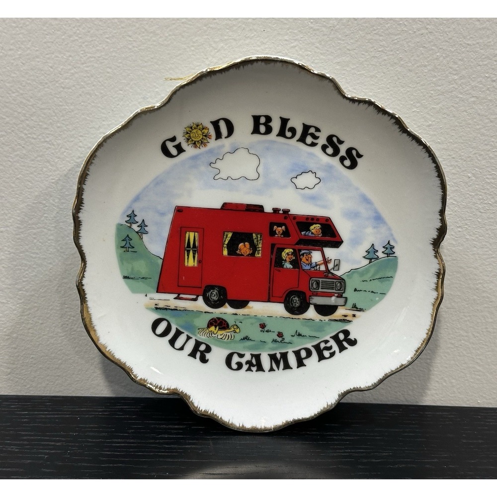 Vintage Nanco God Bless Our Camper Plate Red Trailer Kitsch MCM Decor Gift
